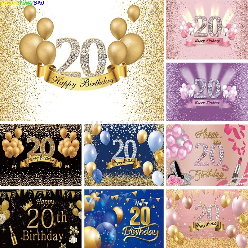 

Birthday Party Photography Backdrops 20 Years Man Woman Girl Boy 20th Glitter Diamond Pink Balloons Gold Photo Background KD-01