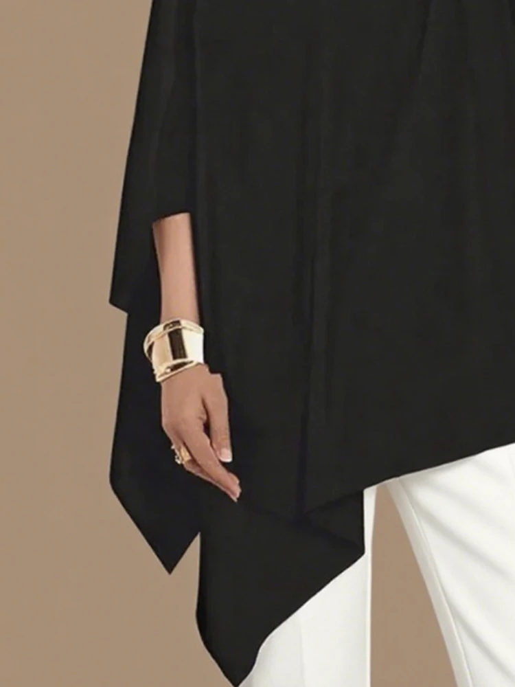 بلوزات نسائية بكتف واحد ملابس كاجوال موضة فضفاضة غير متماثلة قمصان مجوفة عصرية تي شيرت أسود بلايز أنثى