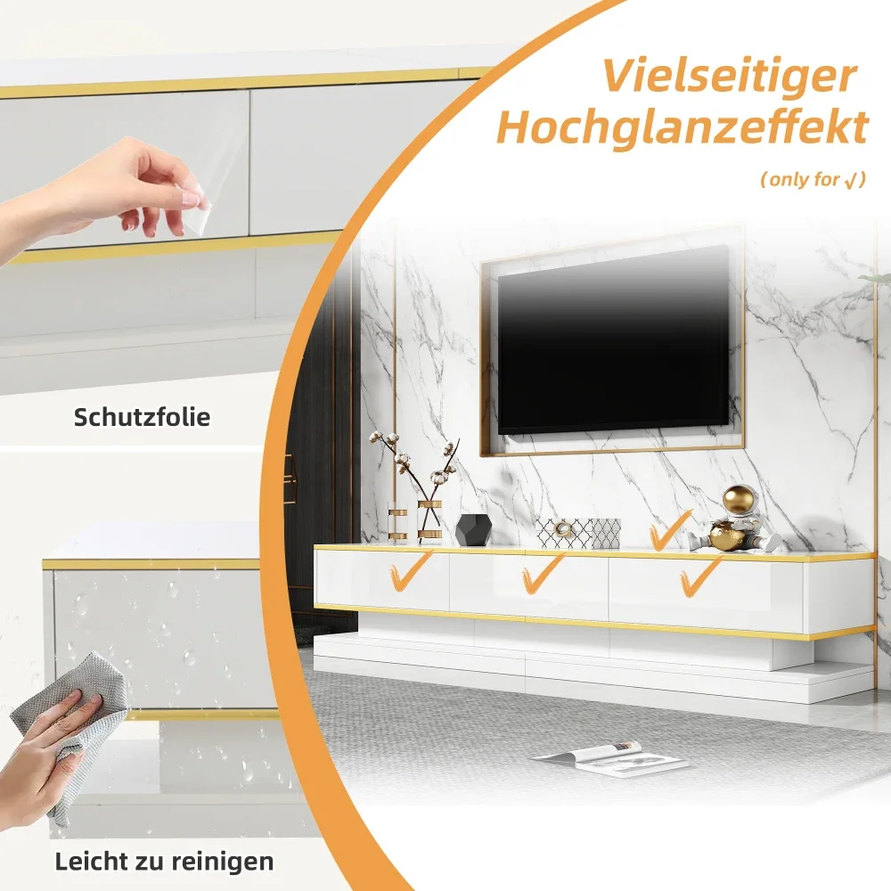 Moderner TV-Ständer mit 3 Schubladen, warmweißes Lowboard, goldener Rand, Wohnzimmer-Aufbewahrungsschrank – Detail 7
