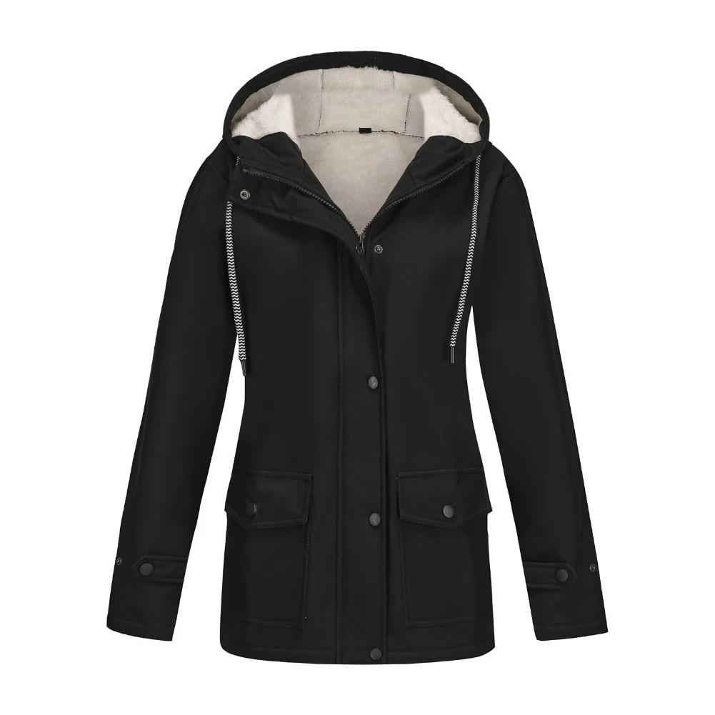 Womens Multi Pocket Fleece Lined Hooded Jacket Drawstring Waist Windproof Thick Warm Outerwear for Autumn Winter Use