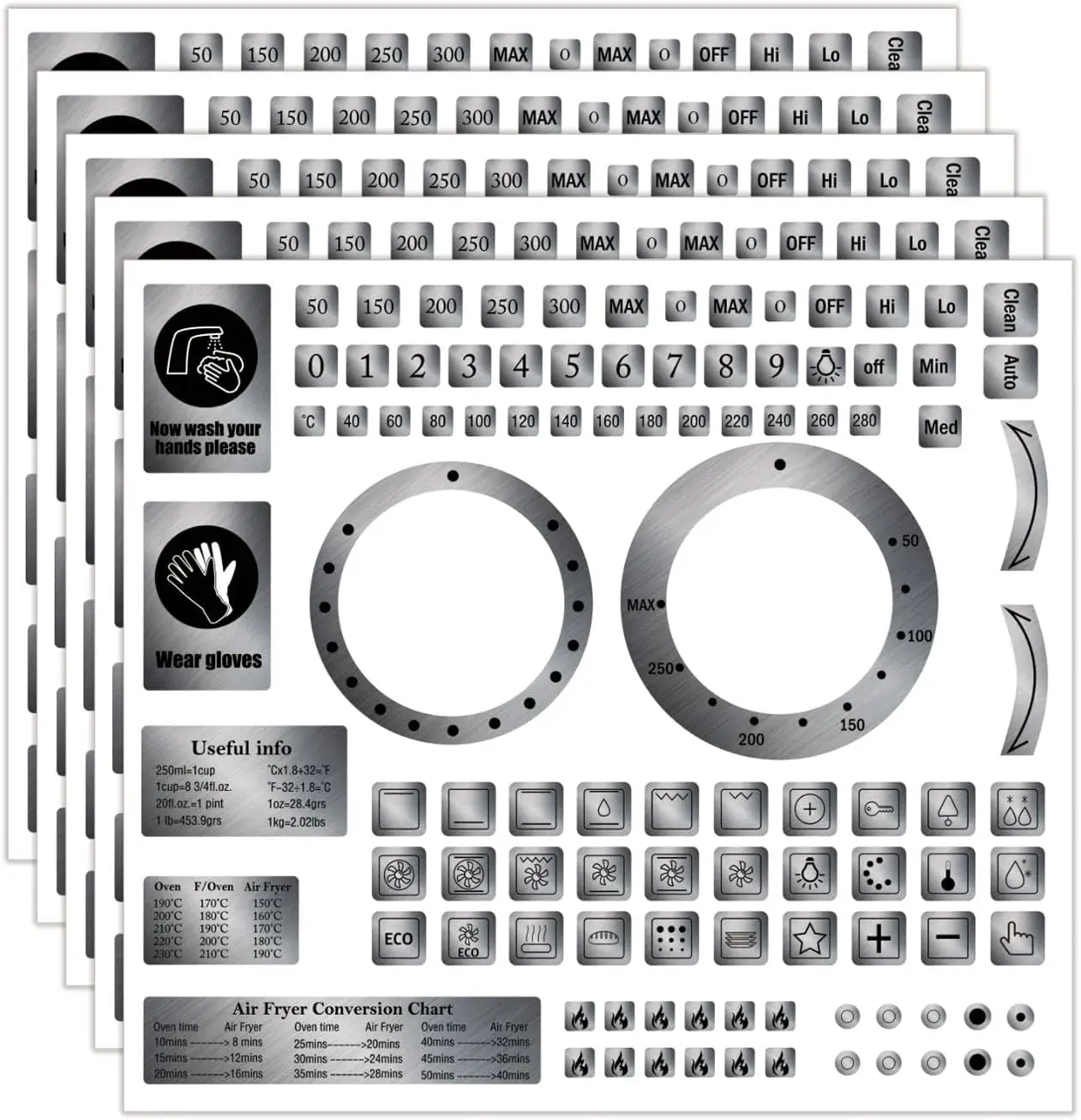 5 Silver Oven Temperature Replacement Stickers, Multiple Stove Hob Range Stickers Heat Resistant Oven Dial Labels for Microwaves