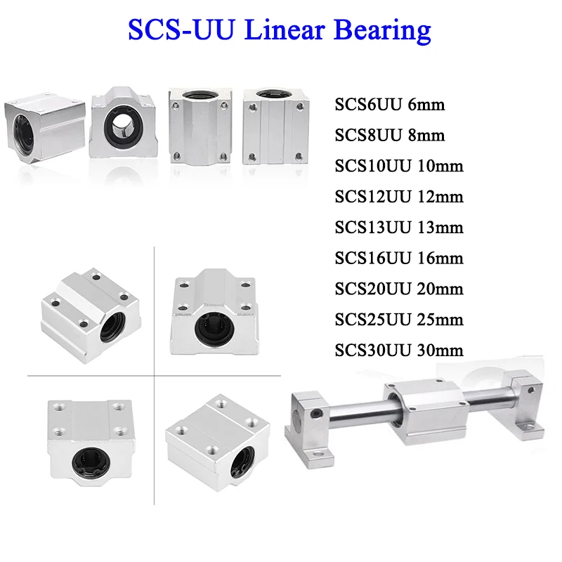 1/4PCS Typ skrzynki SCS6UU SCS8UU SC10UU SCS12UU SCS16UU SCS20UU Suwak bloku łożyska kulkowego o ruchu liniowym do części drukarek 3D CNC