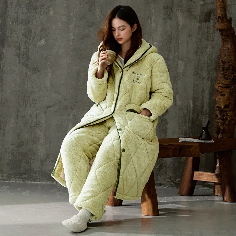 Extra Thicken Very Warm Winter Triple Layered Hooded Sleepwear Women Coral Hoodie Robe Fleece Pajamas Sets Flannel Home Clothes