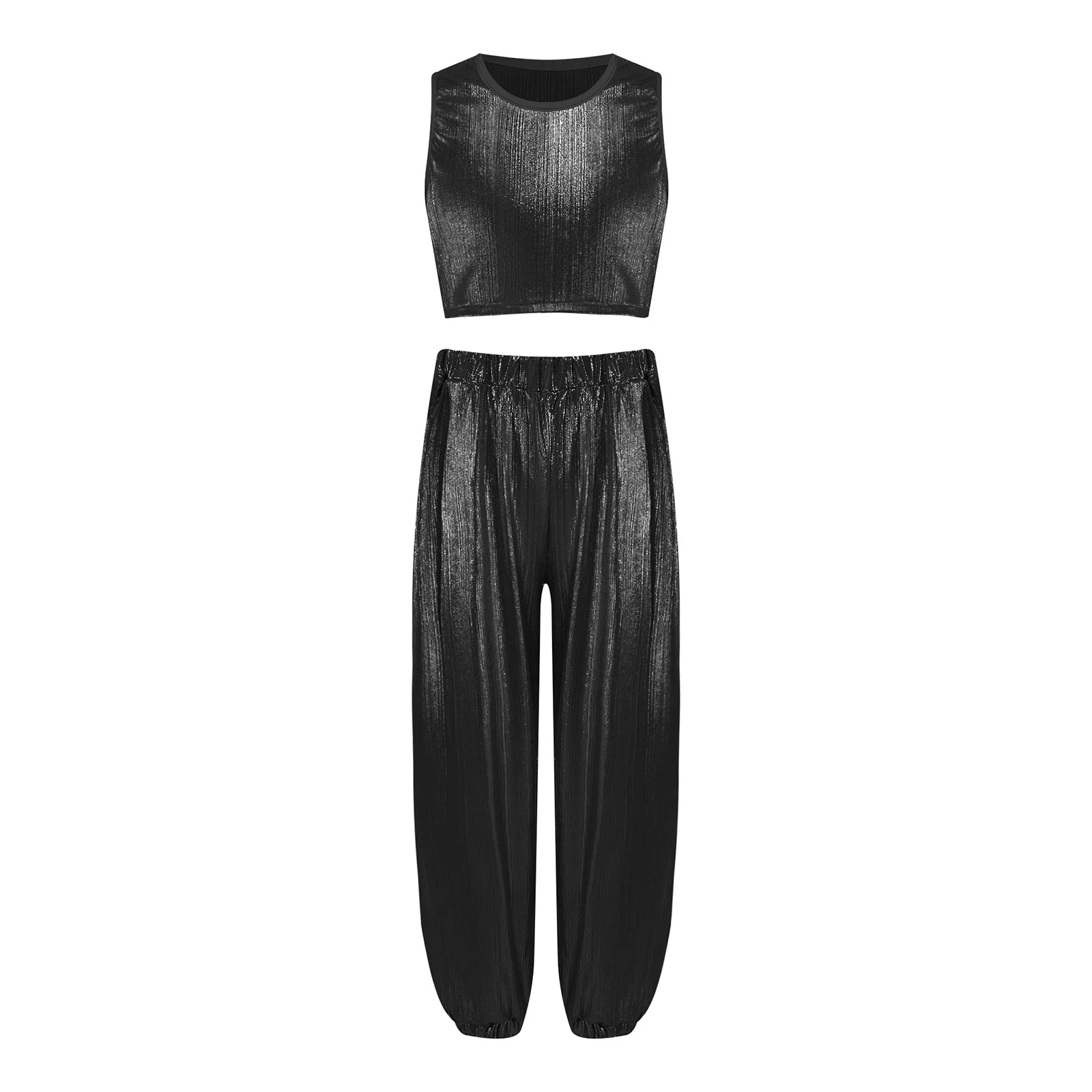 Kinder Mädchen Hip-Hop-Cheerleading-Auftritts-Kostüm Jazz-Tanz-Outfit Metallisch Geripptes Tanz-Outfit Ärmellose Weste mit Hose – Detail 18