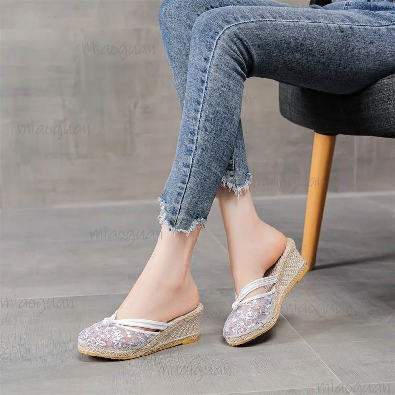 Sandalias de cuña de esparto con lentejuelas y encaje para mujer, tipo mule, sin cordones, de malla, con punta cerrada, plataforma, ligeras, informales, de moda
