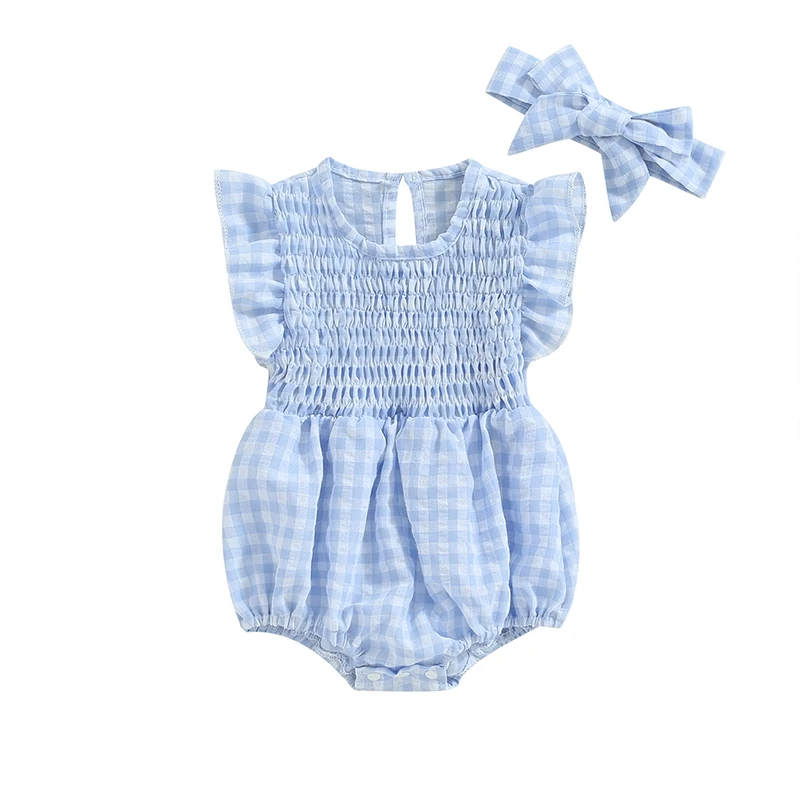 Summer Infant Girls Romper + Headband Short Ruffle Sleeve Crewneck Plaid Rompers Jumpsuit Playsuit Newborn Baby Clothing