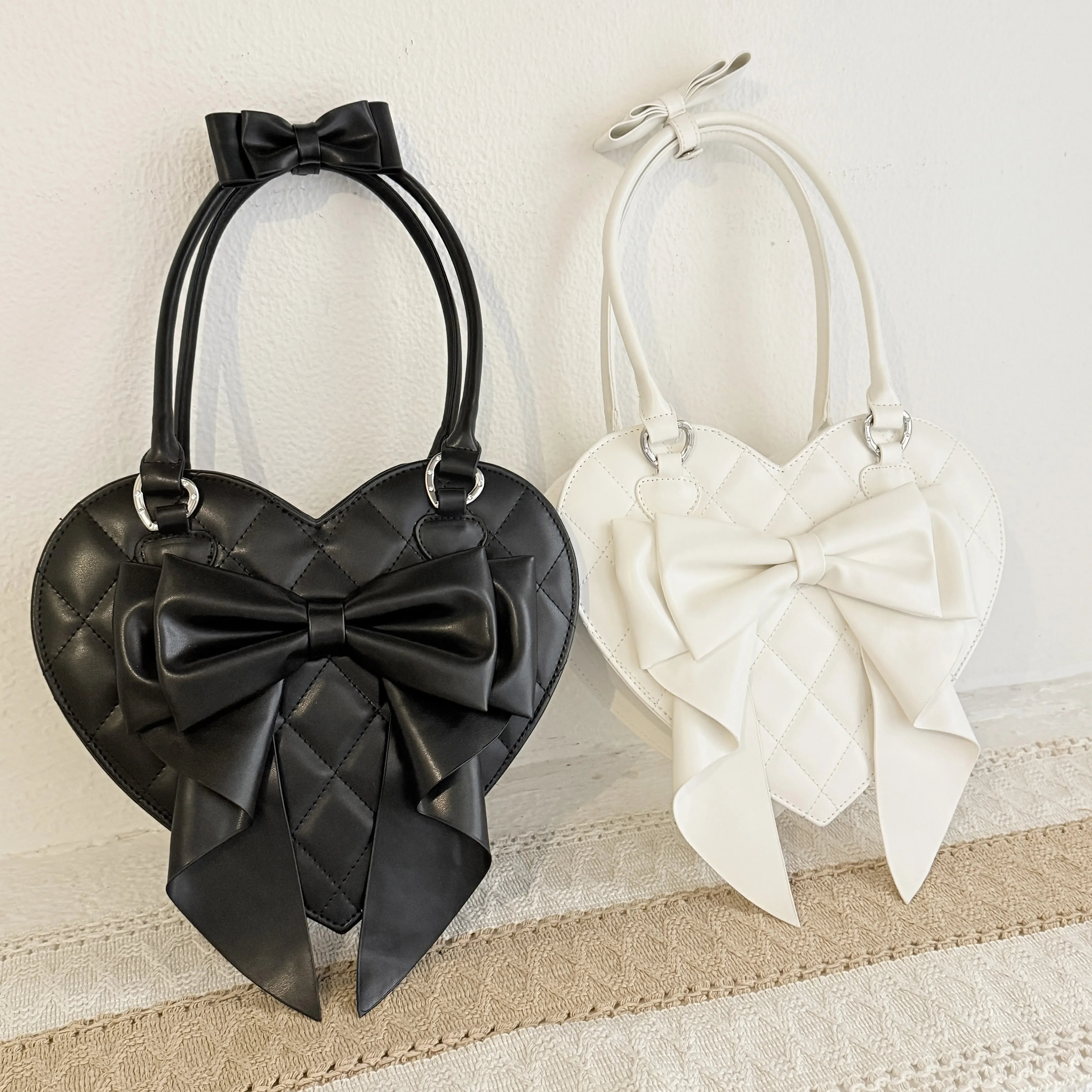 Original Design Ladies' Versatile Cute Sweet Series Handbag College Girl's Bow Love Shaped Shoulder Bag Lolita Party Bag
