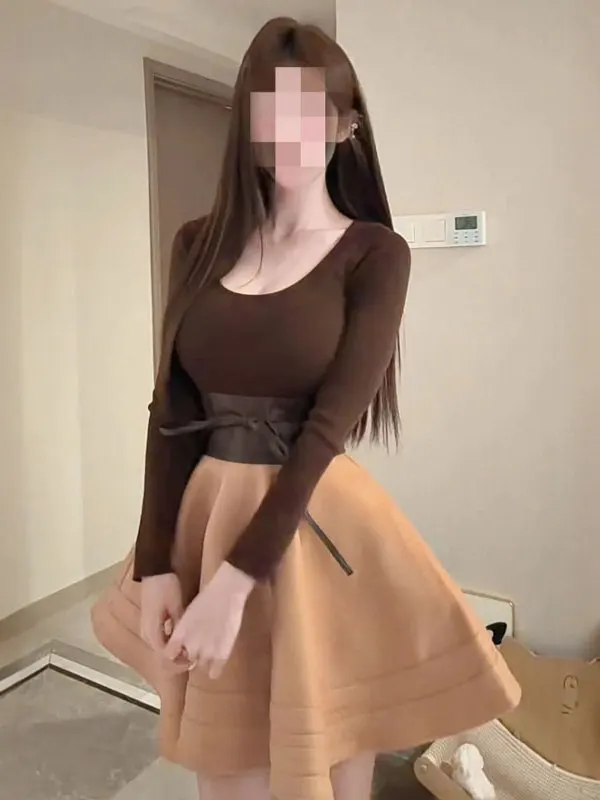 

Retro Unique Knitted Top And Puffy Skirt Two-Piece Set Ele Clete Outfit for Autumn Comfortable Long Sve High Waist