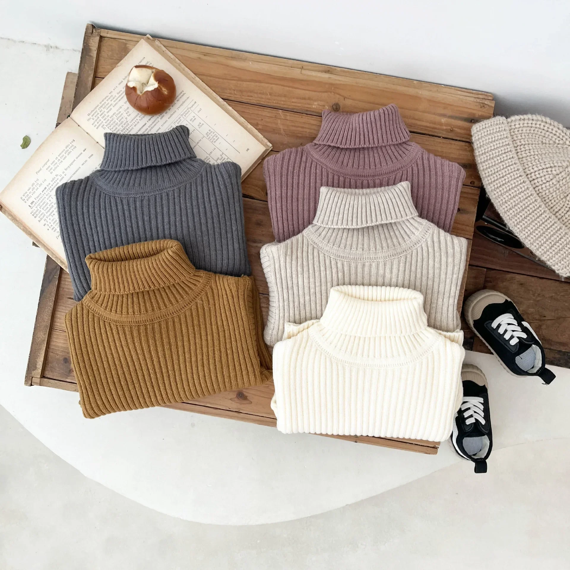 Baby Clothing Girls Sweater Autumn and Winter Thickened 2023 New Fashionable Knitted Solid Color Baby Turtleneck Pullover Top