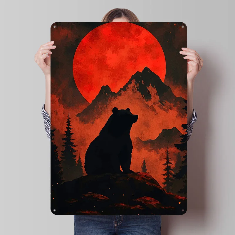 Bären-Silhouette unter rotem Mond, Metallposter, Metallschilder, Wandkunst, Garage, Dekorationen für Zuhause, individuelles Blechschild für Heimdekoration