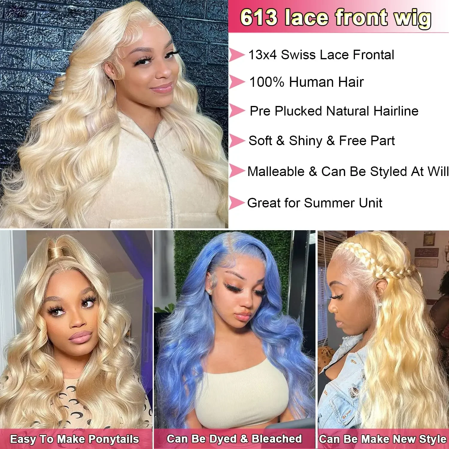 Blonde 613 HD Lace Frontal Wig para Mulheres, Onda do Corpo Ósseo Brasileiro, 100% Cabelo Humano, 13x6 Perucas, 30 in, 40 in, Escolha sobre Liquidação