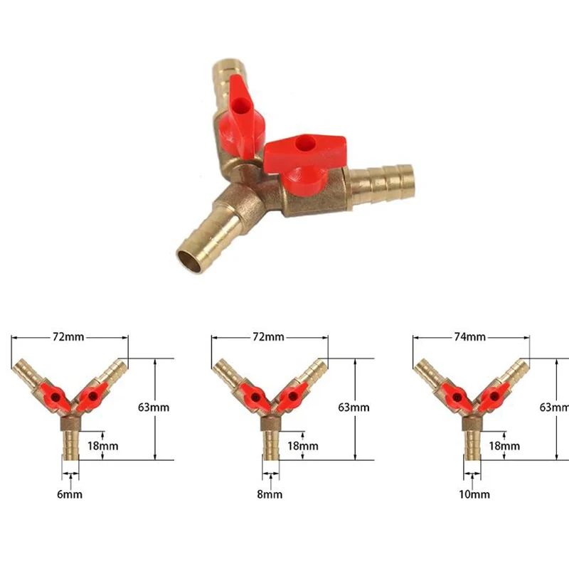 6 8 10 Mm Hose Barb Y-type All-copper Pagoda 3-way Brass Cutoff Ball Valve Fittings Fittings Adapter for Fuel, Water, Oil, Air