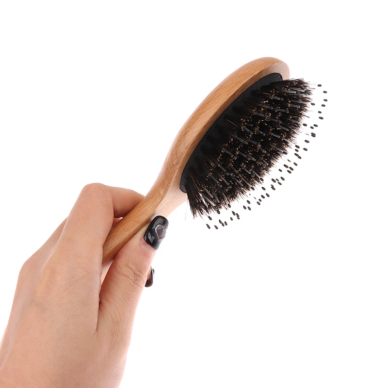 Wooden Handle Boar Bristle Hair Brush Anti-static Scalp Massage Comb Portable Oval Mini Air Bag Comb Hair Styling Tools