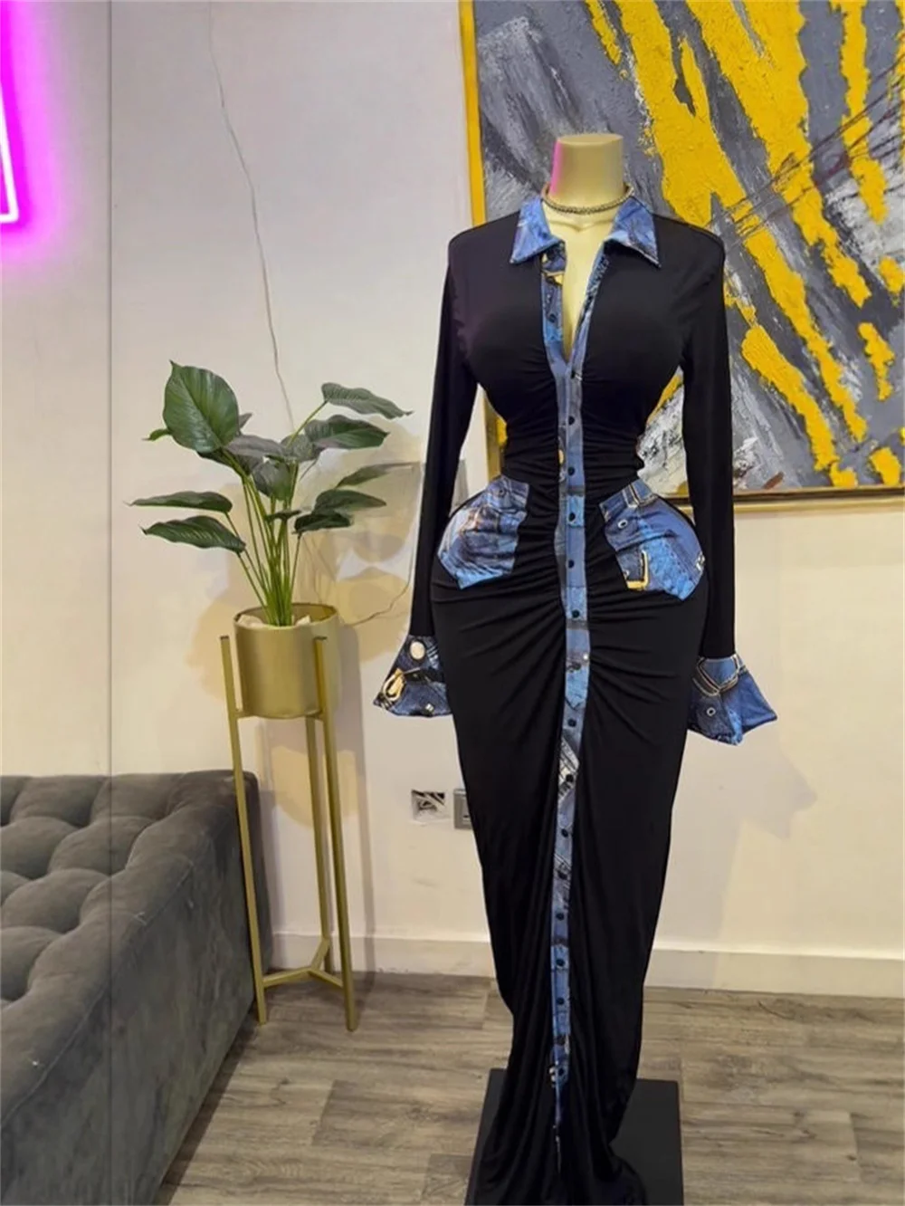 여성 섹시 긴팔 데님 패치워크 블랙 바디콘 맥시 드레스 생일 셀럽 고품질 파티 디자인 칵테일 드레스
