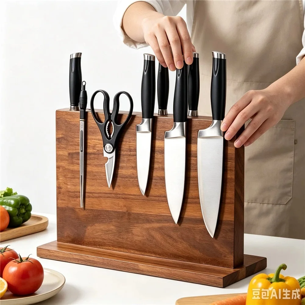 Magnetischer Messerblock, doppelseitiger magnetischer Messerhalter mit starken, verstärkten Magneten, magnetischer Messerständer aus Akazienholz - Dunkelbraun