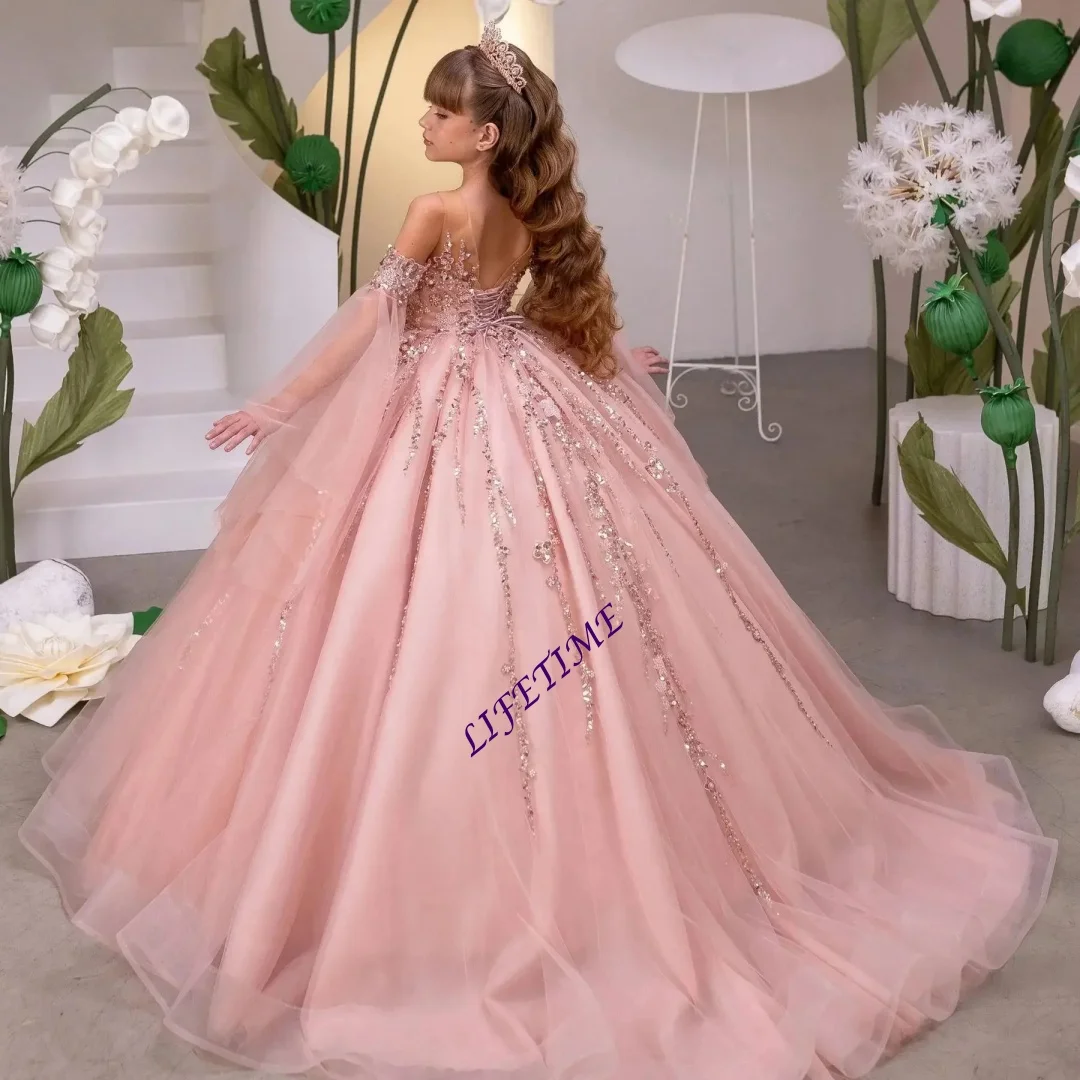 Customized Princess Flower Girl Dress Sequined Applique Floor Length Kids Birthday Party First Communion Ball Gown Wedding