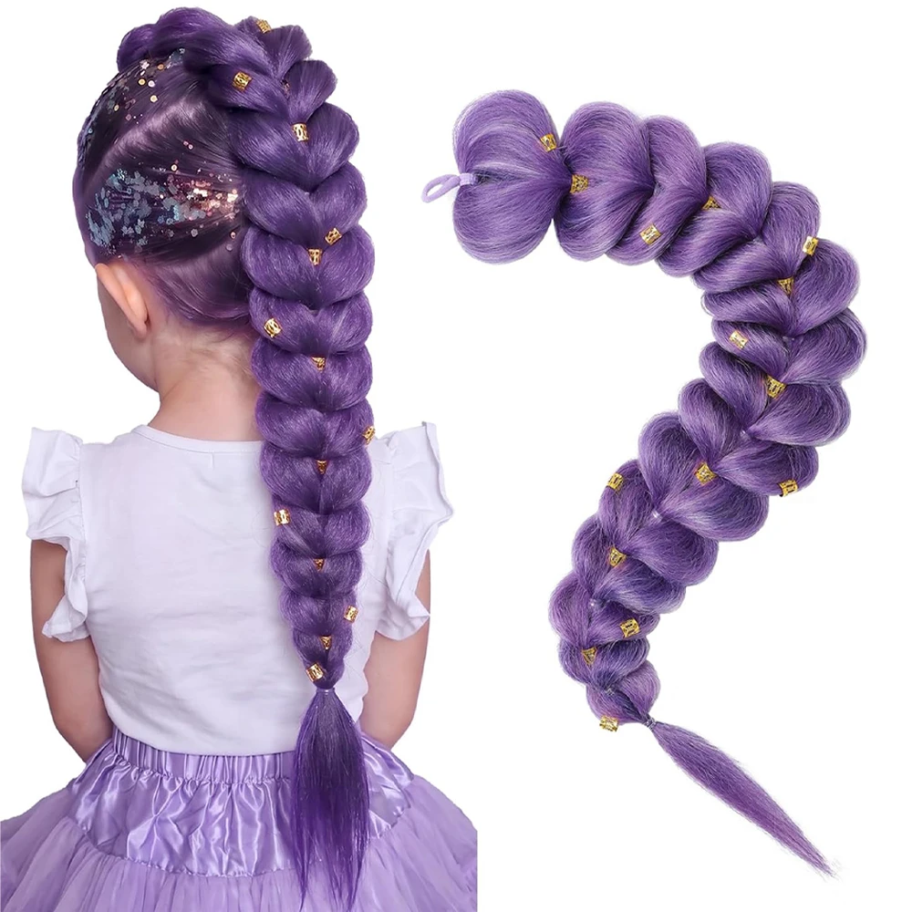 Extensiones de Cabello Pre-Trenzadas de 24 Pulgadas, Color Morado, Trenzas Sintéticas Ligeras para Niños, Cosplay, Día del Cabello Loco