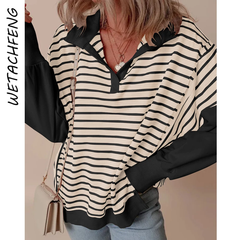 Lantern Sleeve Half Open Collar Striped Split Sporty Loose Hoodies Women Clothes Casual 2024 Fashion Lady Streetwear Sweatshirts