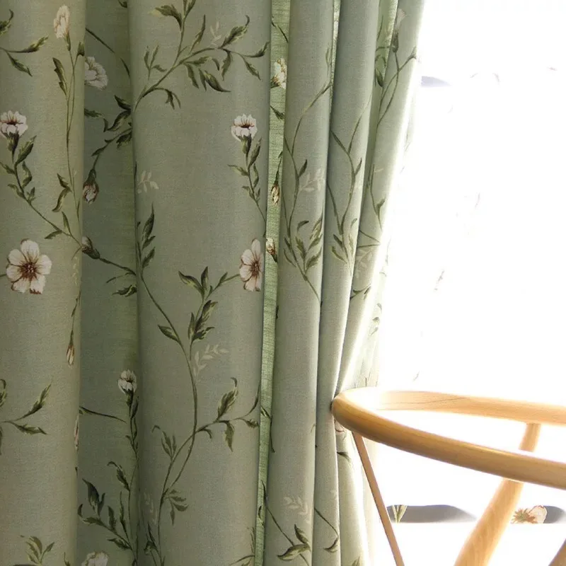 American Countryside Style Cotton and Linen Printed Curtains Half Blackout Bean Green Rolled Grass Curtains Customizable Curtain