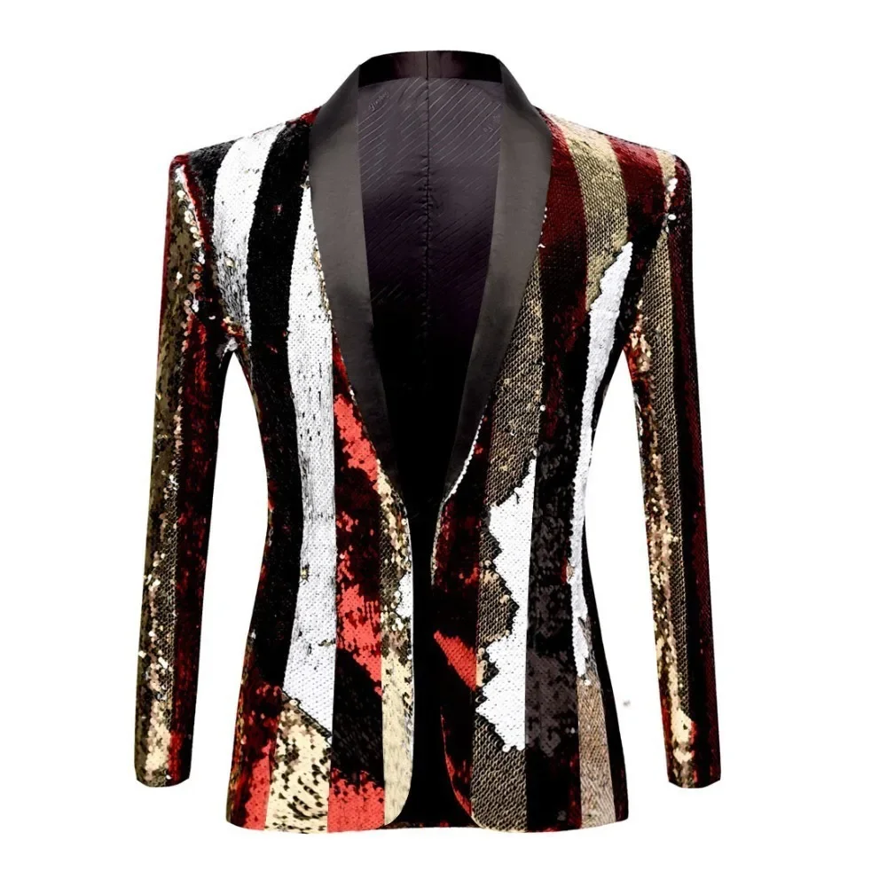 

Mens Fashion Double-Side Color Red Gold Black White Striped Sequins Suits Blazers Jacket Men Party DJ Club Prom Wedding Clothing