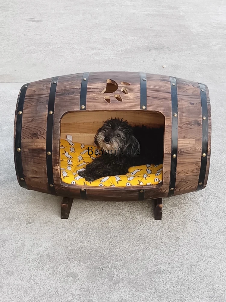 Wooden Barrel Large Dog Kennel Wooden Cathouse Doghouse Antique Semi-Closed Type