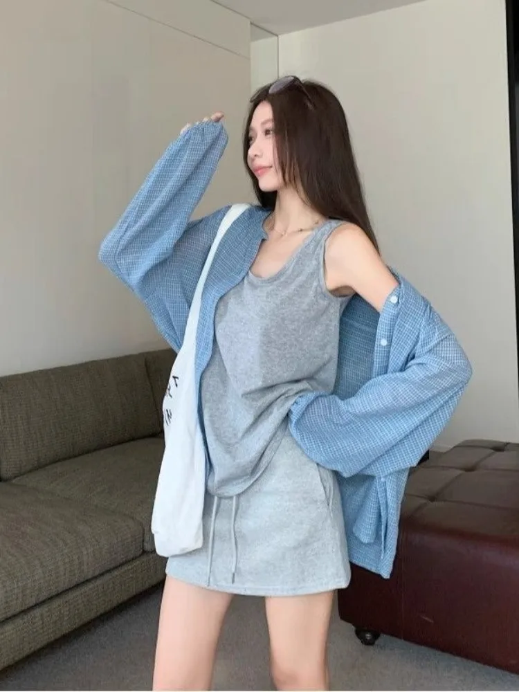 

Loose Fit Korean Style Blue Plaid Sun Protection Shirt Women's Summer Thin Casual Comfortable Trendy Button up Long Sleeve