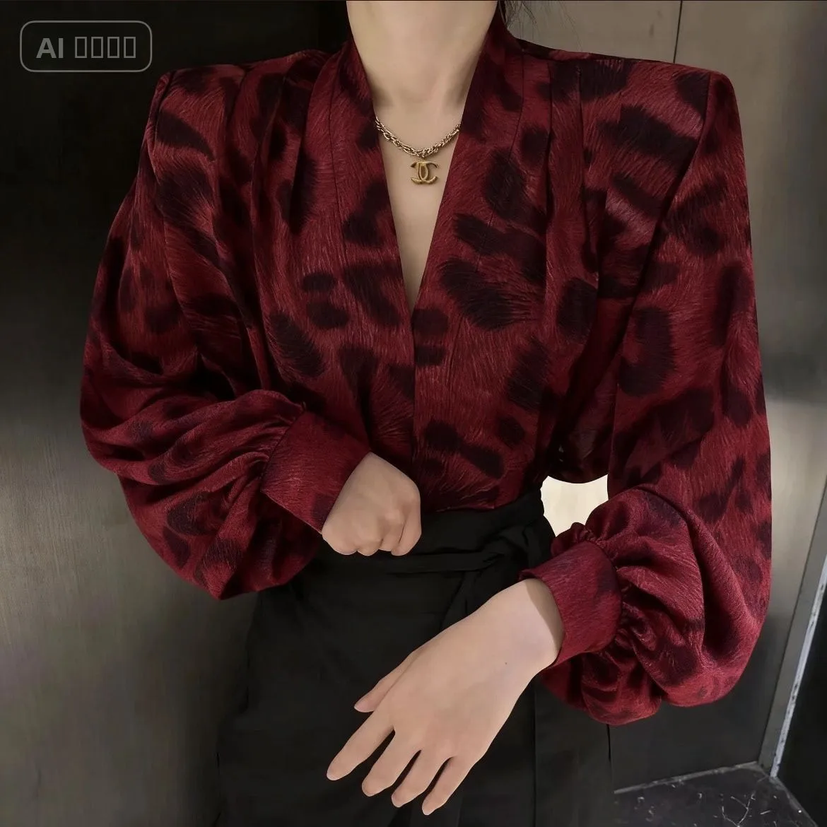 

Ретро-топ с леопардовым принтом, V-образным вырезом, длинными рукавами-фонариками, модный повседневный топ для женщин, весна-осень, новый фасон, стройнящий силуэт