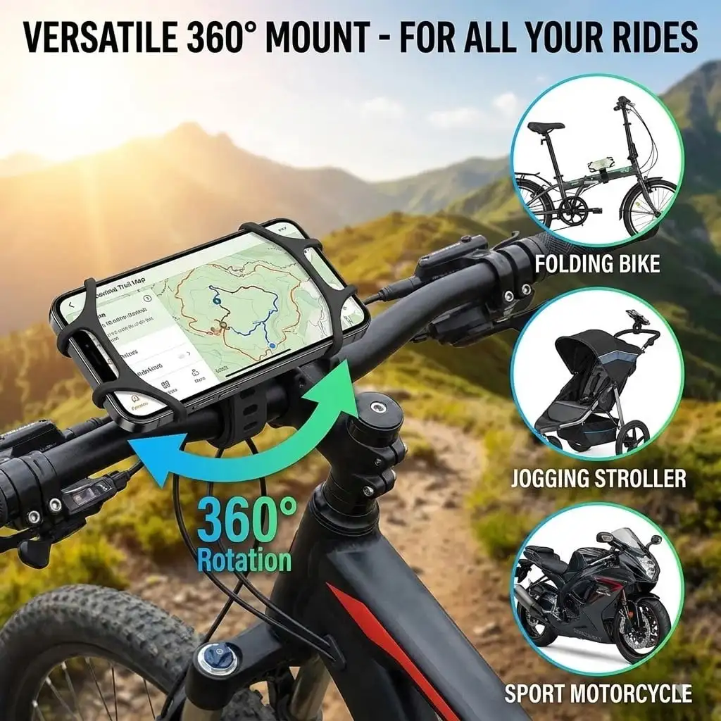 

Universal Bike Phone Mount 360 Degrees Rotatable Silicone Holder For 4.7–6.8" Phones Compatible with iPhone Samsung Easy Install