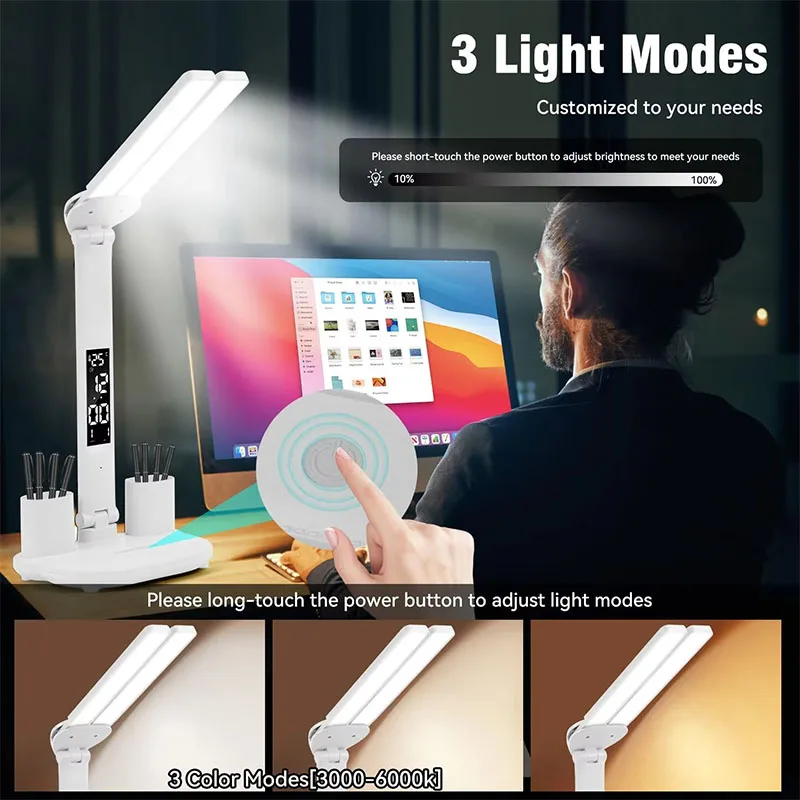 USB Eye Protection New Rechargeable LED Clock Dimmable Table Lamp 180° Rotating Foldable Desktop Reading Night Light USB