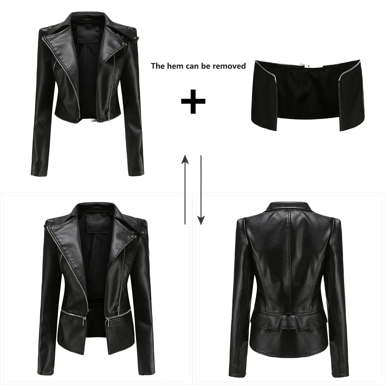 Women's Casual PU Leather Jacket, Motorcycle Jacket, Detachable Sports Coat, Quality Fashion, Black, Autumn and Winter