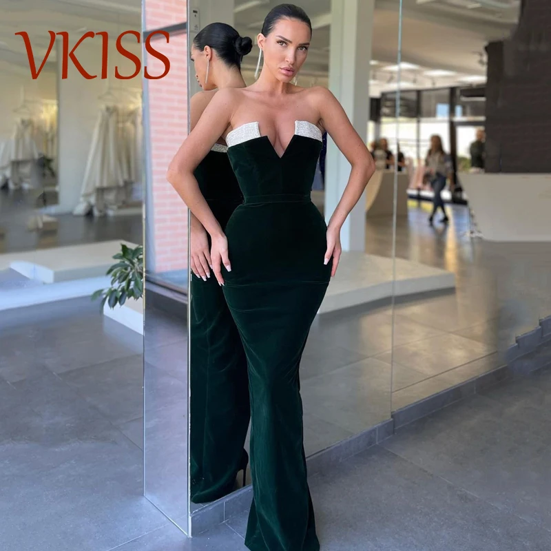 

Sexy Strapless Mermaid Velvet Evening Dress Floor Length V-Neck Beads Sleeveless Simply Wedding Guest Prom Cocktail Party Gowns