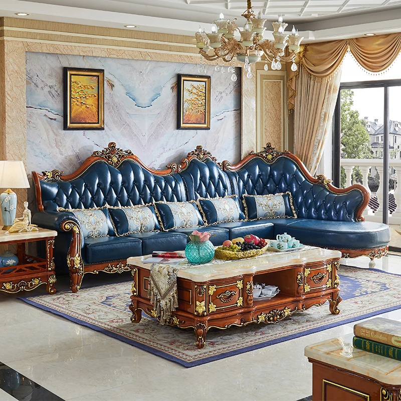 European style leather sofa, living room, villa, solid wood set furniture, simple European top layer cowhide