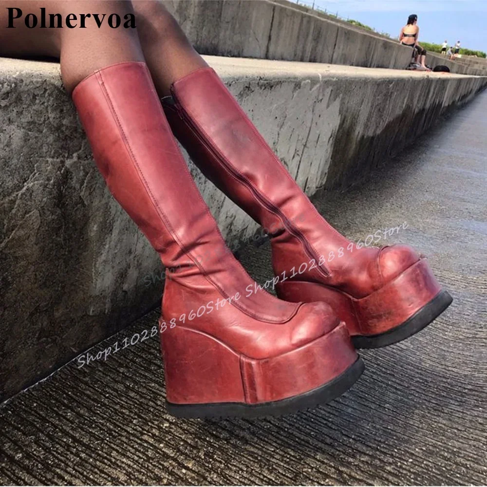 

Mid Calf Red Leather Platform Thick Soled Boots Wedges High Heel Shoes For Women Side Zipper Round Toe 2025 Zapatos Para Mujere