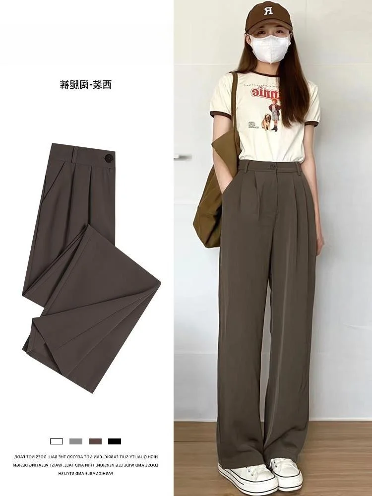 Pantalones de traje drapeados de talla grande 300 Pou para primavera y otoño, pantalones de pierna ancha ajustados informales de cintura alta para mujer