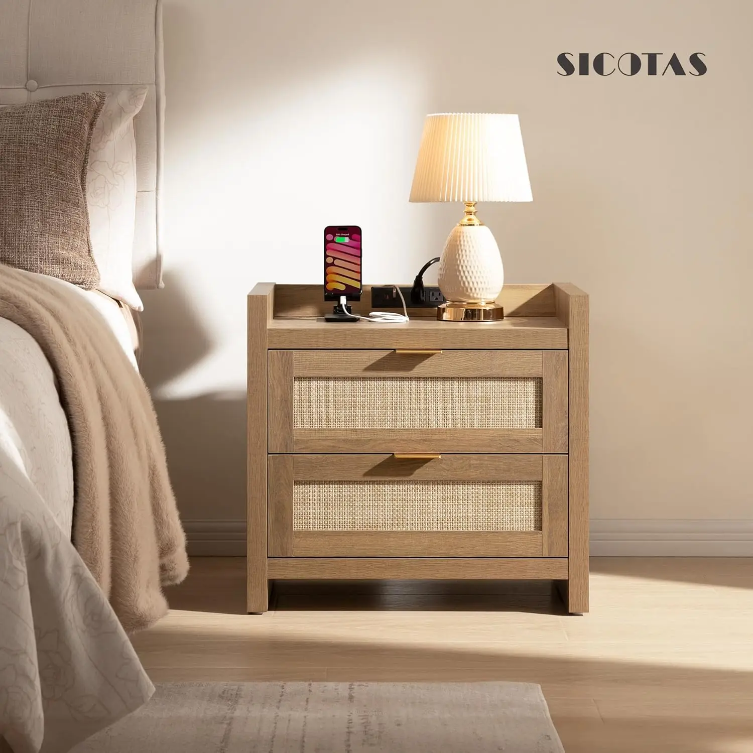 مجموعة من طاولتين ليلتين مع شحن من النوع C، درجين - طاولات جانبية لسرير بوهو للمساحة الصغيرة - بلوط طبيعي #6