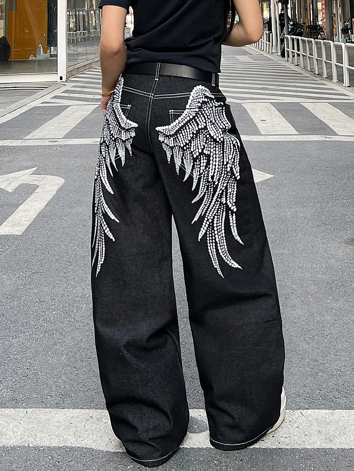 European And American Wide Leg Jeans With Double-Sided Rhinestone Wings And Hot Stamping Natural Color Denim Pants