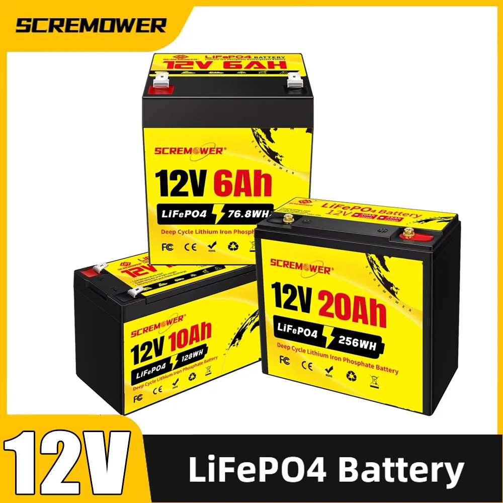 12V LiFePO4 Battery 6Ah 10Ah 20Ah 4000+ Cycles Rechargeable Lithium Battery Built-in BMS for UPS, Trolling Motor, Fish Finder