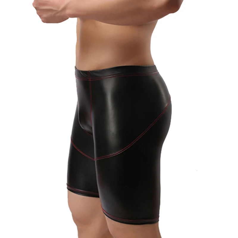 Men's Sexy PU Swimwear Summer Beach Swimming Long Boxer Faux Leather Swim Trunks Running Sports Fitness Wetlook Shorts