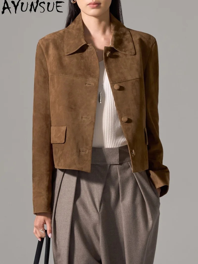AYUSNUE Female Suede Sheepskin Genuine Leather Jacket 2026 New Petite Retro Stylish Short Real Leather Jacket Outerwear Ladies