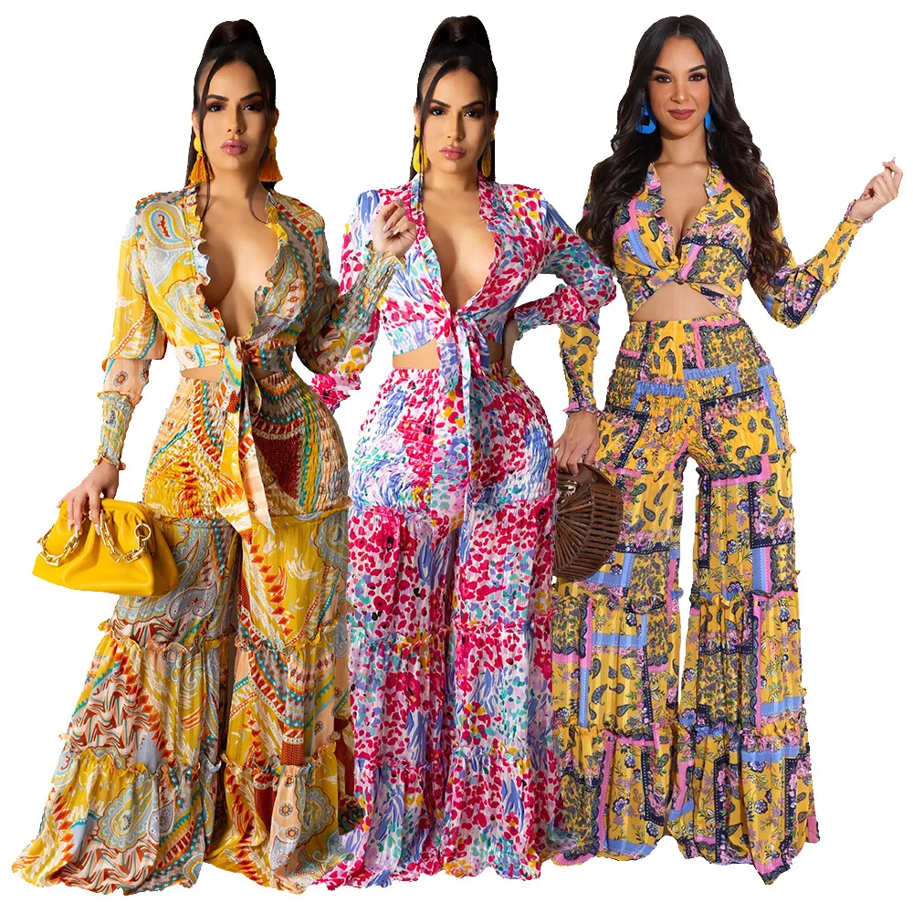 

Two Piece Sets Women Pants Set V Neck Y2k Streetwear Print Floral Tops Long Pants Wide Leg Loose Pleated Chiffon High Waist