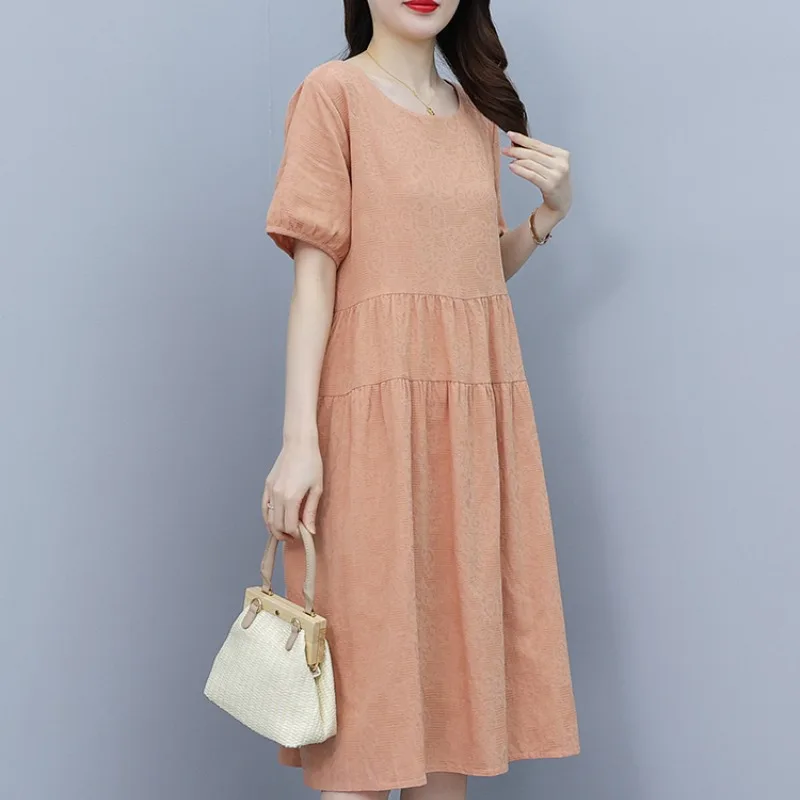 

Women's 2024 Summer New Pullover Round Neck Panel Fashion Solid Color Thin Loose Comfort Office Lady Cotton Short Sleeved Dress