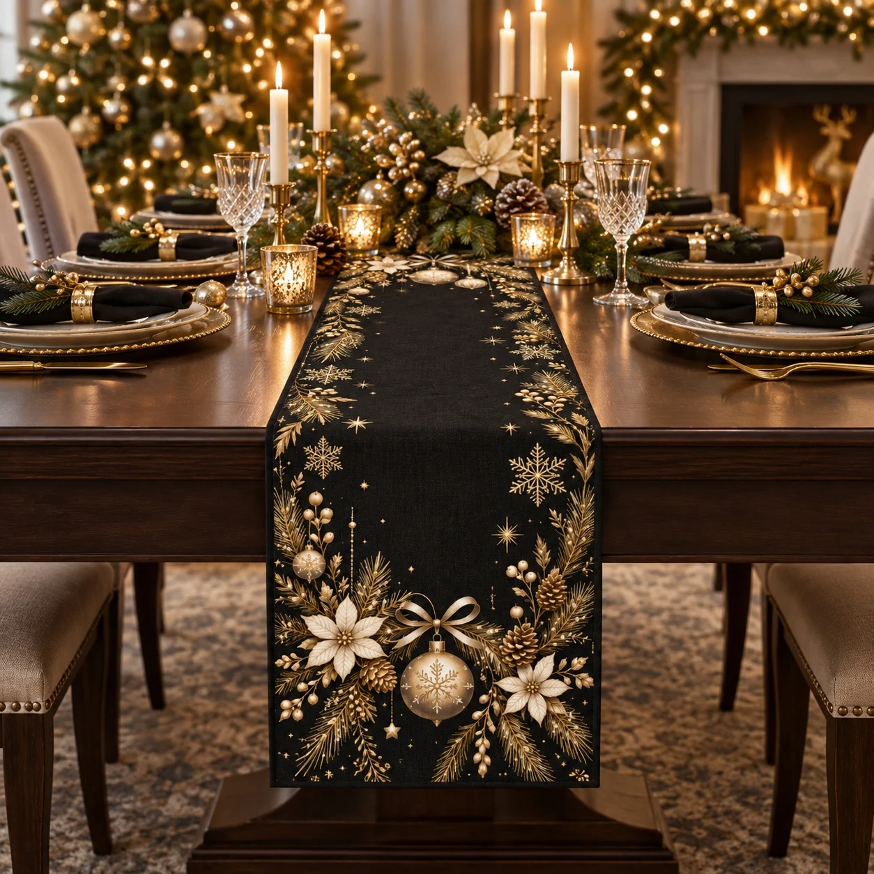Luxury Christmas Table Runner Black Gold Snowflake Pine Branch Ornament Holiday Tablecloth Dining Table Decor