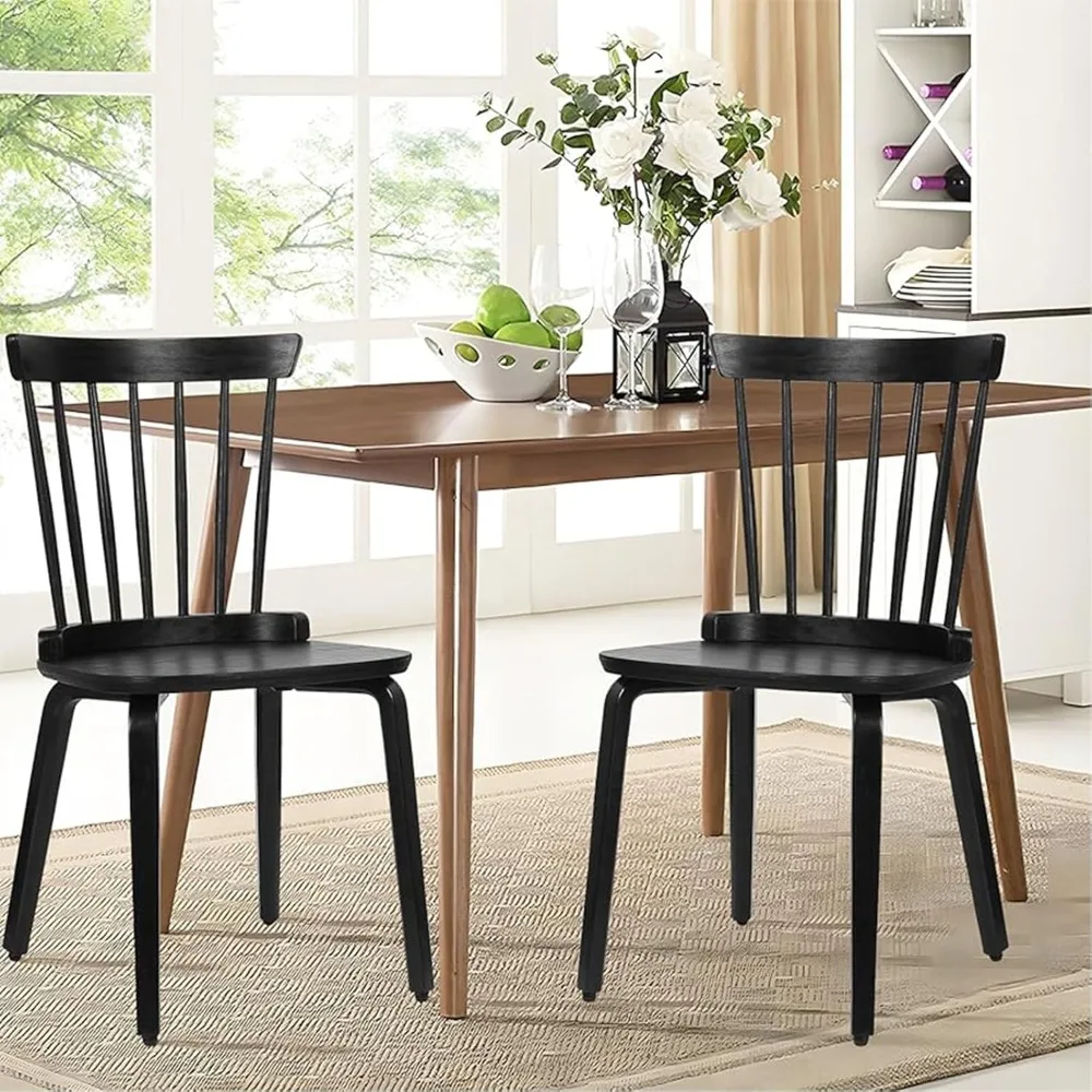 Black Wood Windsor Dining Chairs, Set of 2, Farmhouse Spindle Back, Widen Seat, Mid-Century Modern Dining Room Chairs