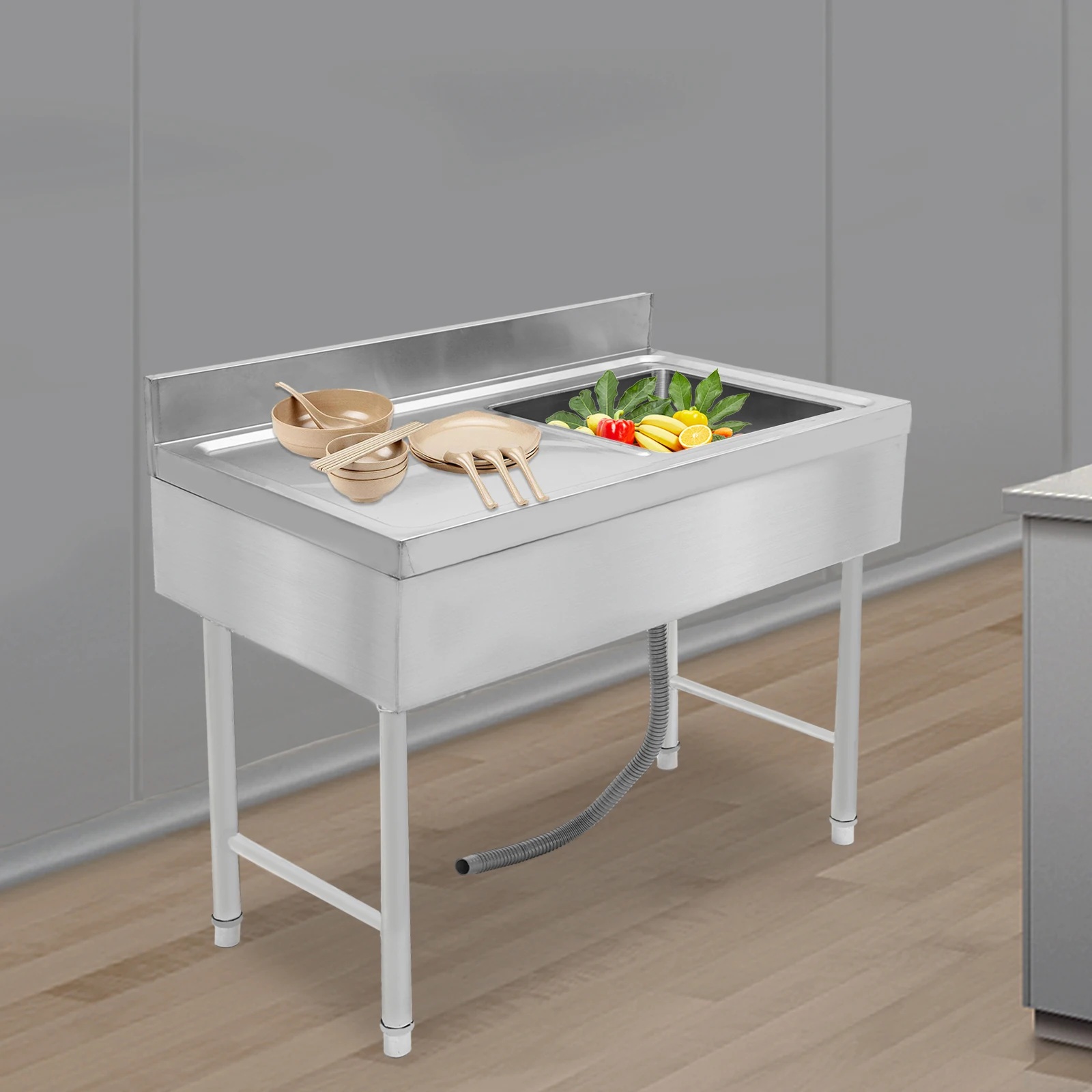 Freestanding Stainless Steel Rectangular Kitchen Sink Silver 100x50x80cm for Commercial Restaurant