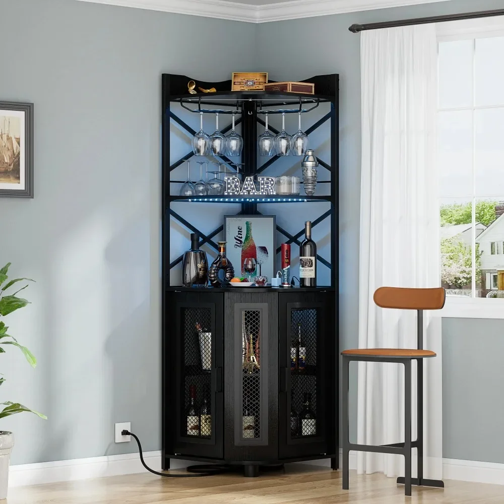 

Adjustable Industrial Wine Cabinet with LED Light Strip and Glass Stands, Black, Wood and Steel