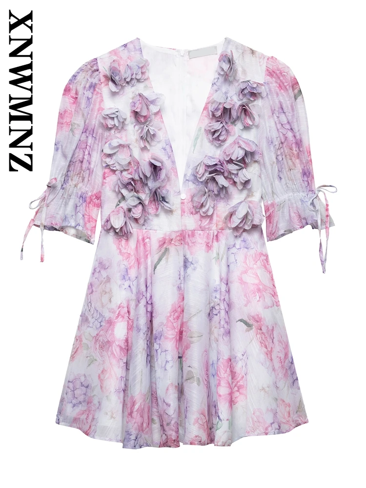 

XNWMNZ 2025 Summer New Woman Glamorous Midi Skirt Dresses Party Lady Button V-Collar Top Print half Sleeve Dress Ruffles Floral
