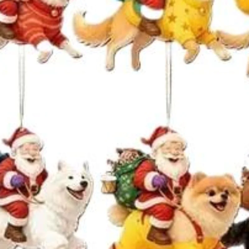 16pcs Riding Dog 2D Flat Santa Claus Wooden Ornament Set Perfect For Christmas Tree Holiday Decor Gifts