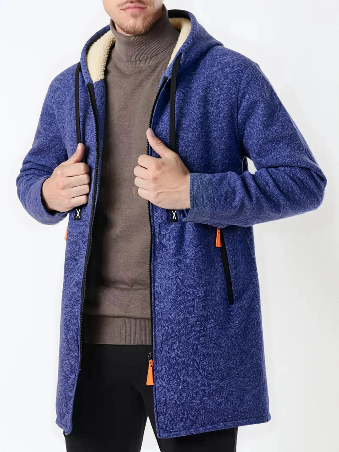 Men Mid‑Long Sherpa Lined Hooded Coat Full Zip Up Fleece Lined Jacket Zipper Pockets Casual Warm Winter Outerwear for Male