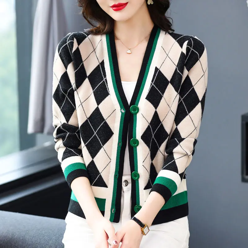 Lattice Graphic Patchwork Casual V-neck Loose Cardigan Office Lady Straight Button Autumn Winter Thin 2022 Women's Clothing Tops