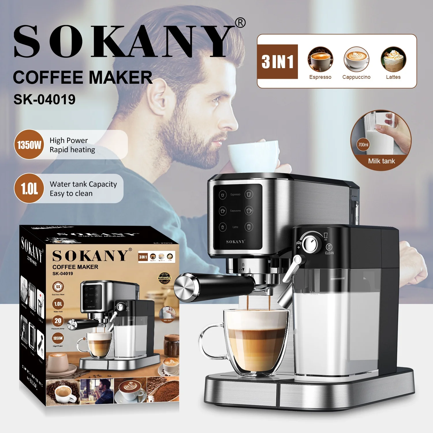 sokany Multifunctional 3 in 1 Double Group Commercial Desktop Coffee Machine Under Counter Espresso Machine